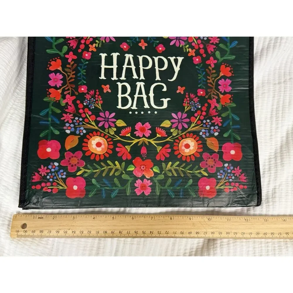 NW/OT Natural Life Reusable Tote Grocery Flower Floral Large Happy Happy Bag